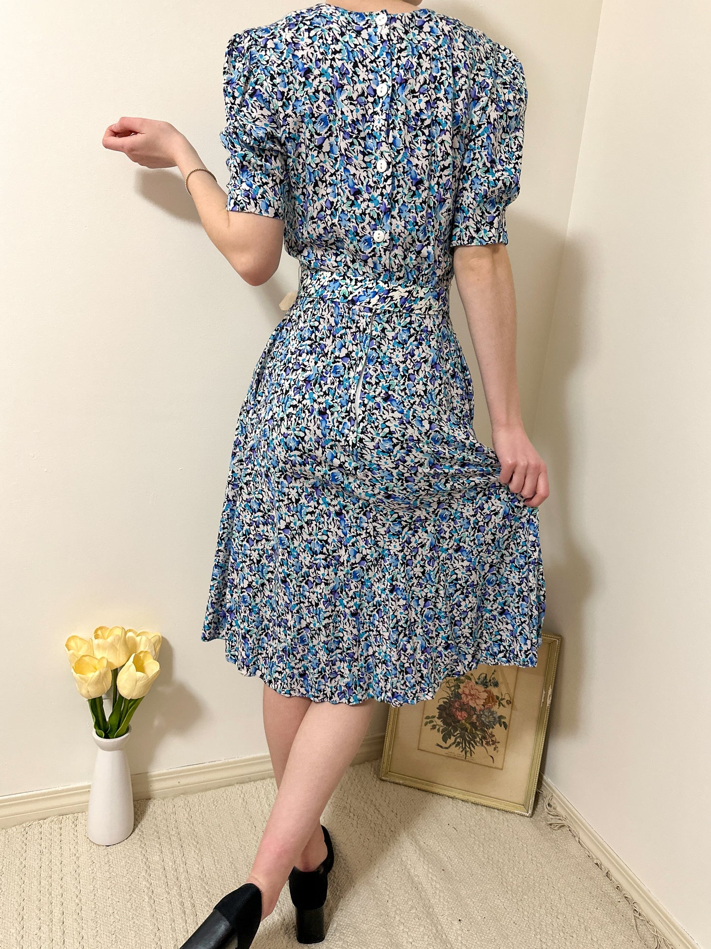 Vintage x Blue and Purple Floral Dress (XS)