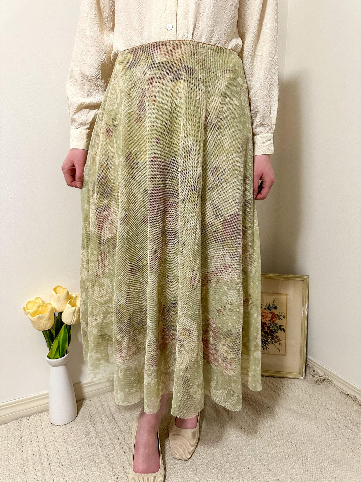 Vintage x Green Floral Silk Skirt (M)