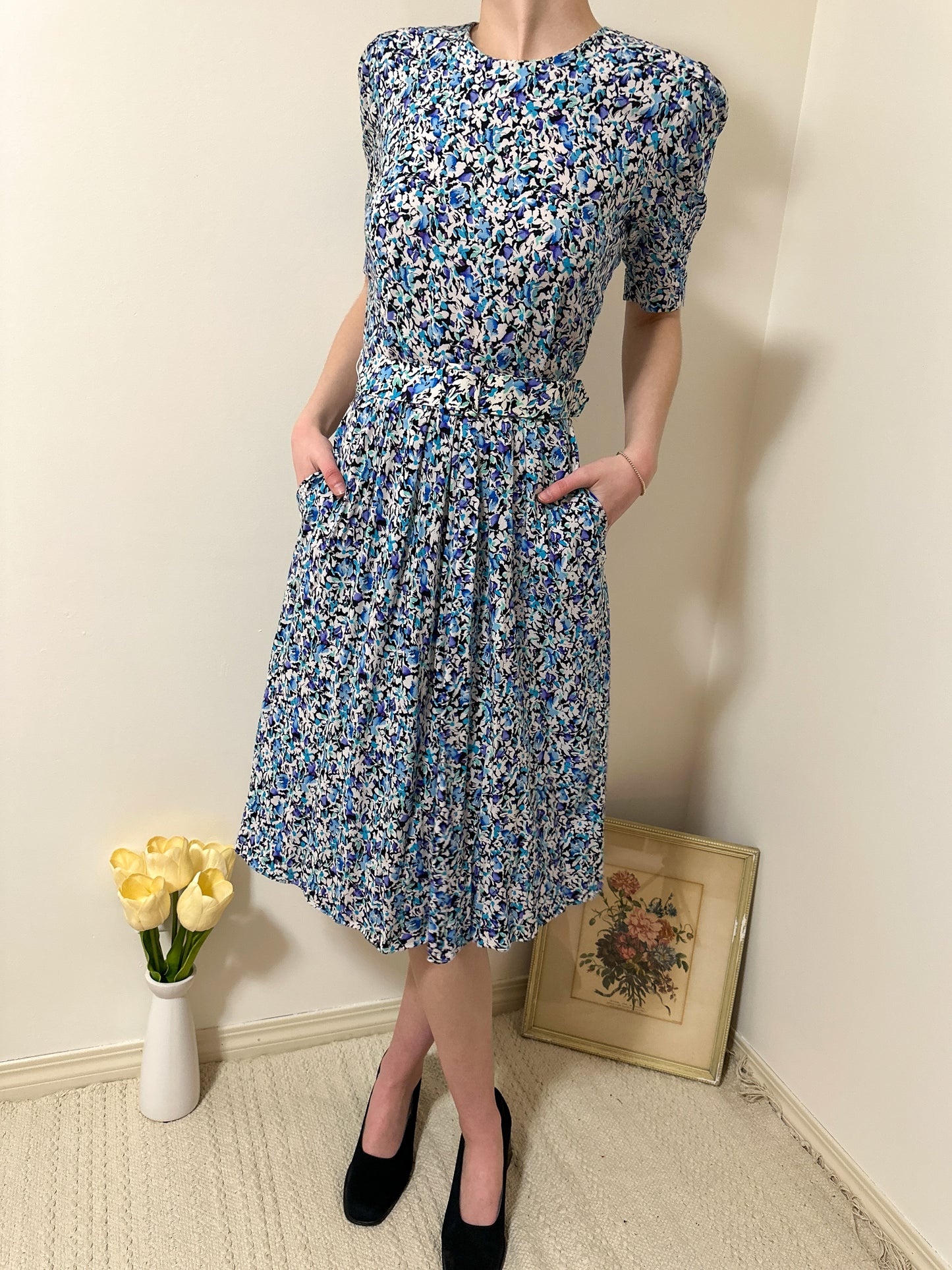 Vintage x Blue and Purple Floral Dress (XS)