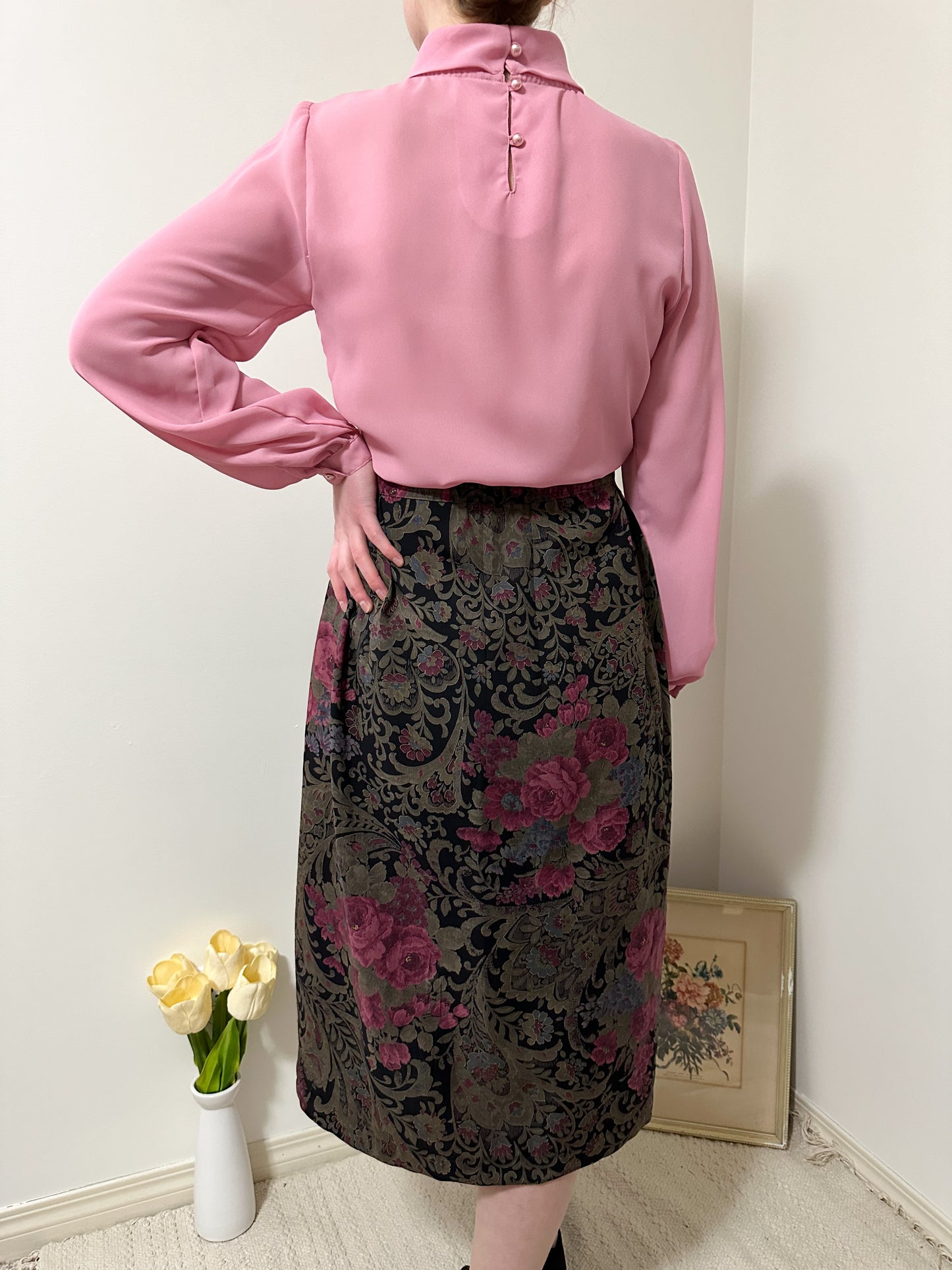 Vintage x Floral Wool Flowy Skirt (XL)