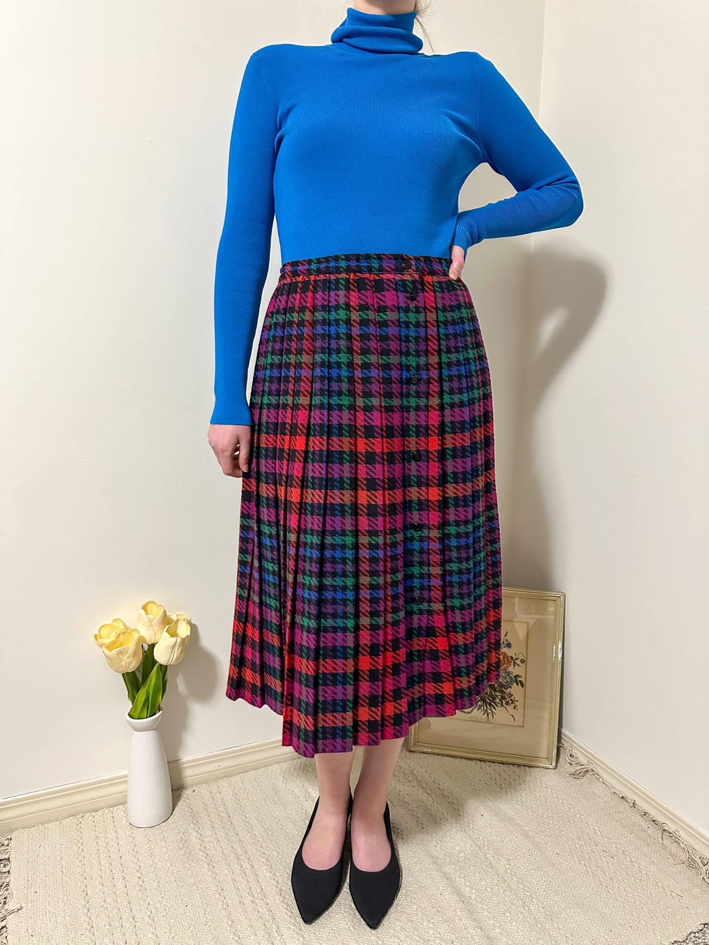 Vintage x Colourful Houndstooth Pleated Skirt (M)