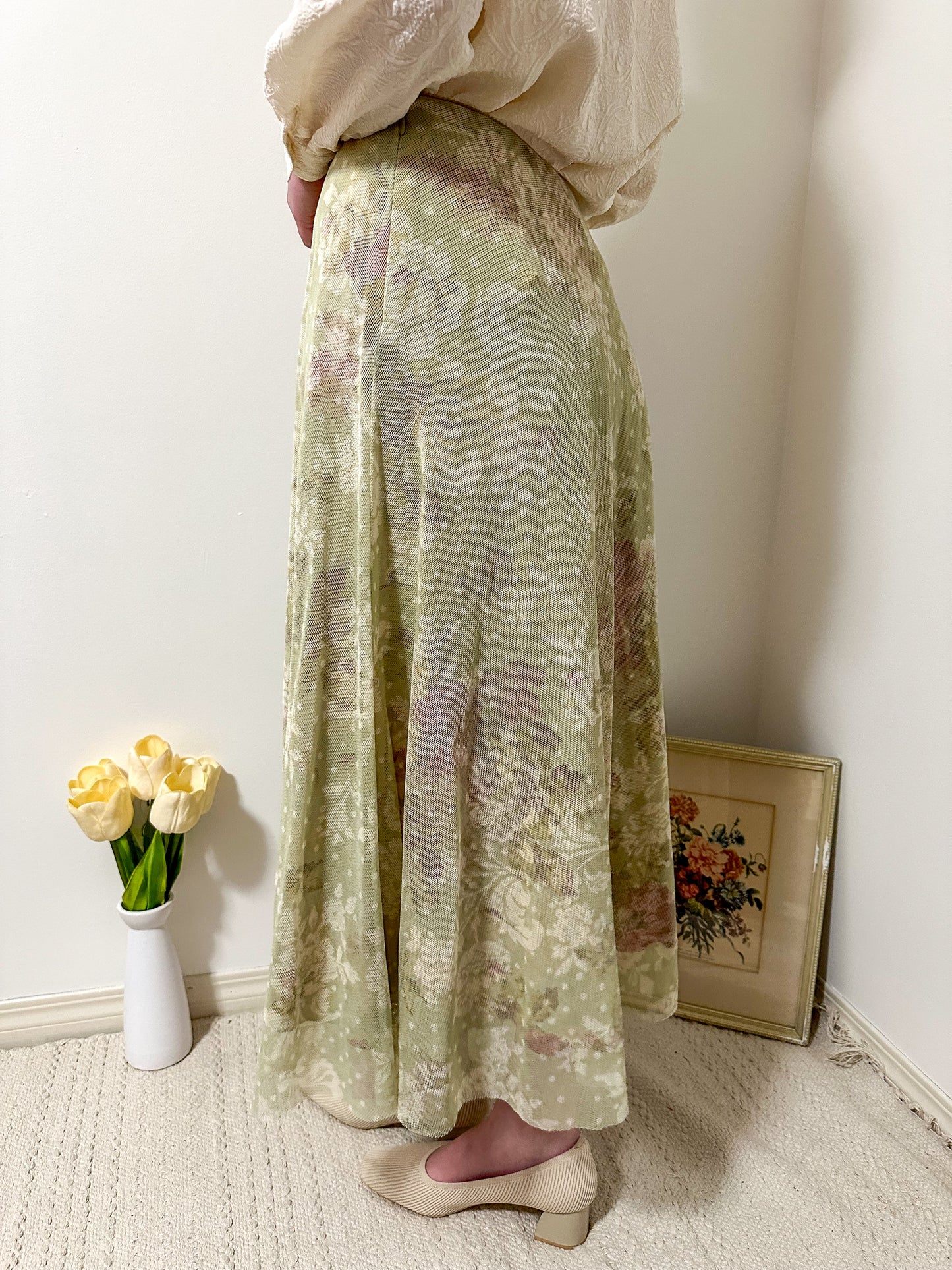 Vintage x Green Floral Silk Skirt (M)