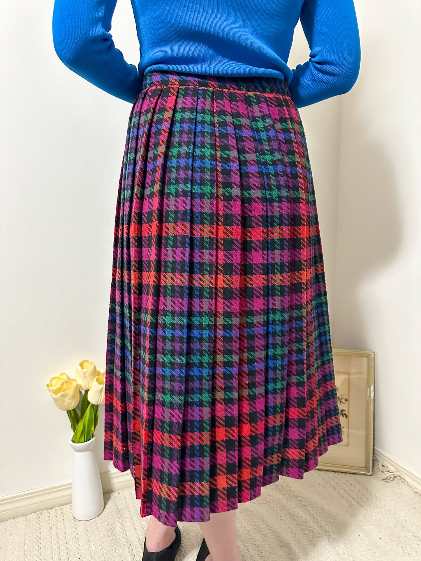 Vintage x Colourful Houndstooth Pleated Skirt (M)