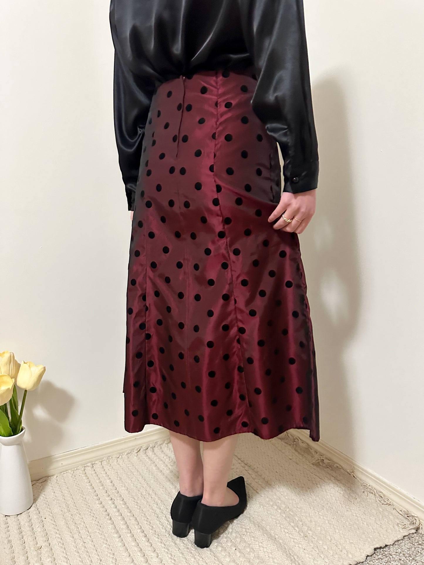 Vintage x Red + Black Polka Dot Midi Skirt (M)