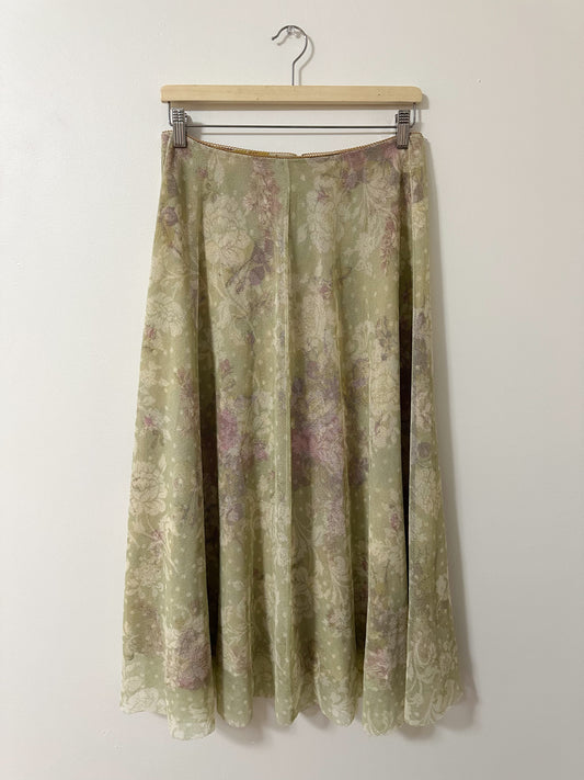 Vintage x Green Floral Silk Skirt (M)