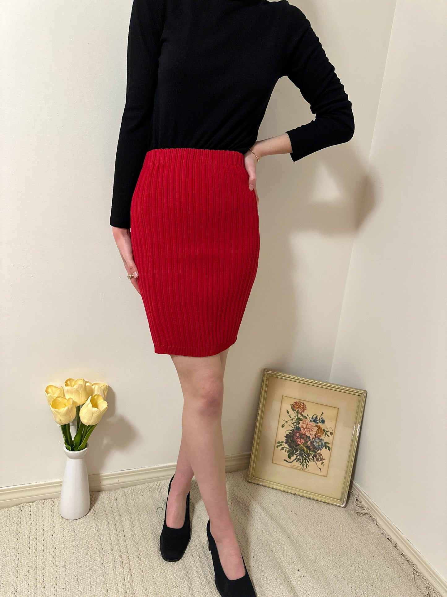 Vintage x Moda Int'l Red Ribbed Skirt (XS/S)