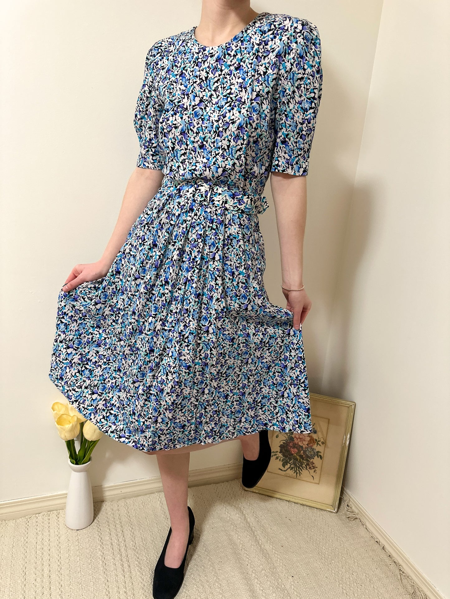 Vintage x Blue and Purple Floral Dress (XS)