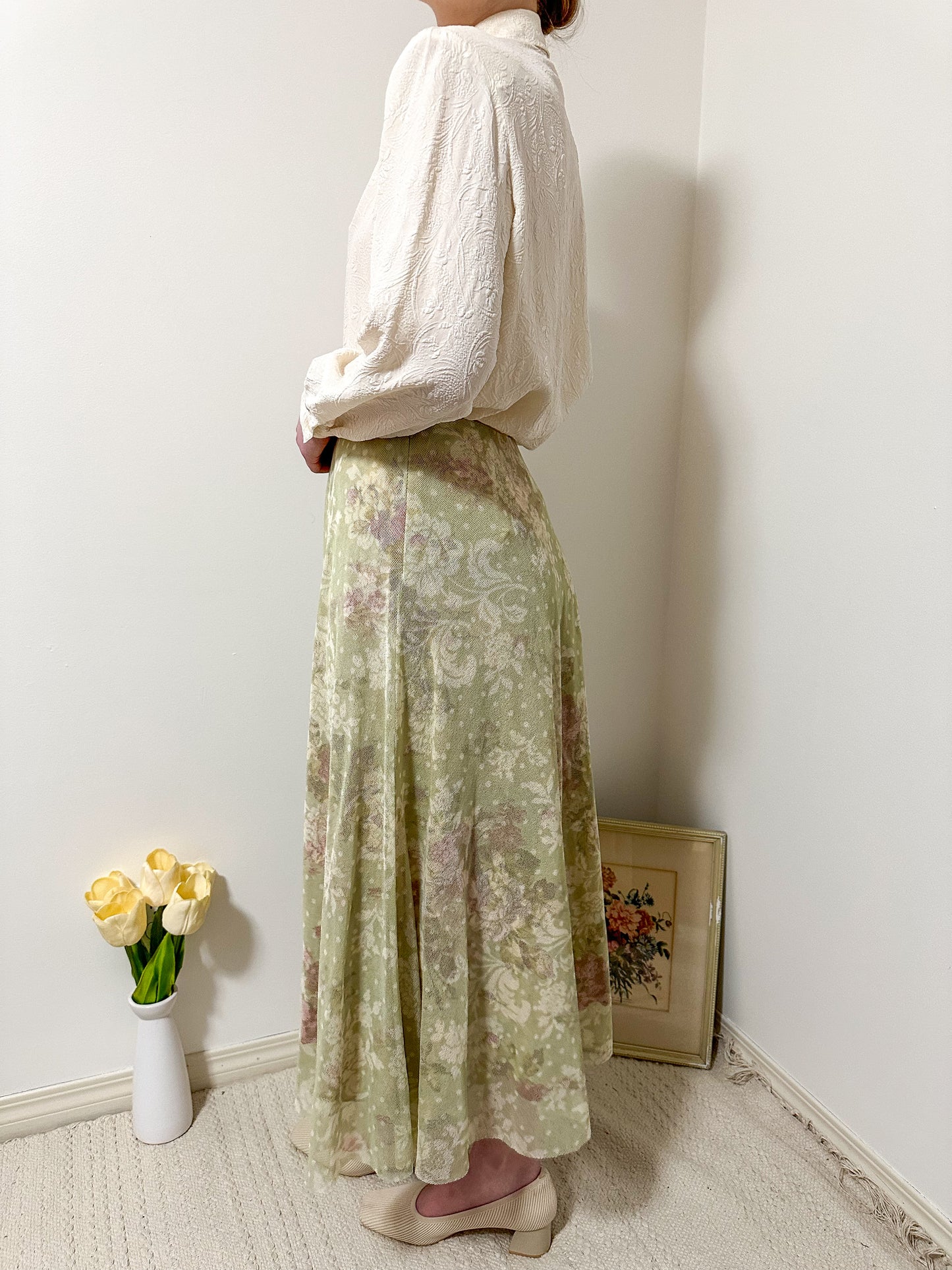 Vintage x Green Floral Silk Skirt (M)