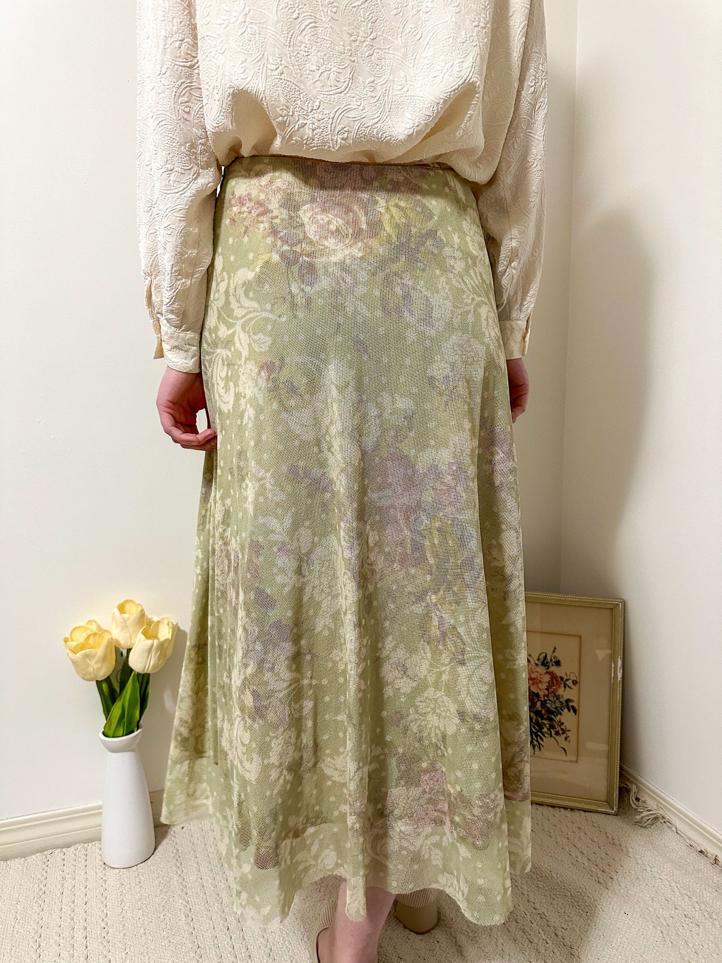 Vintage x Green Floral Silk Skirt (M)