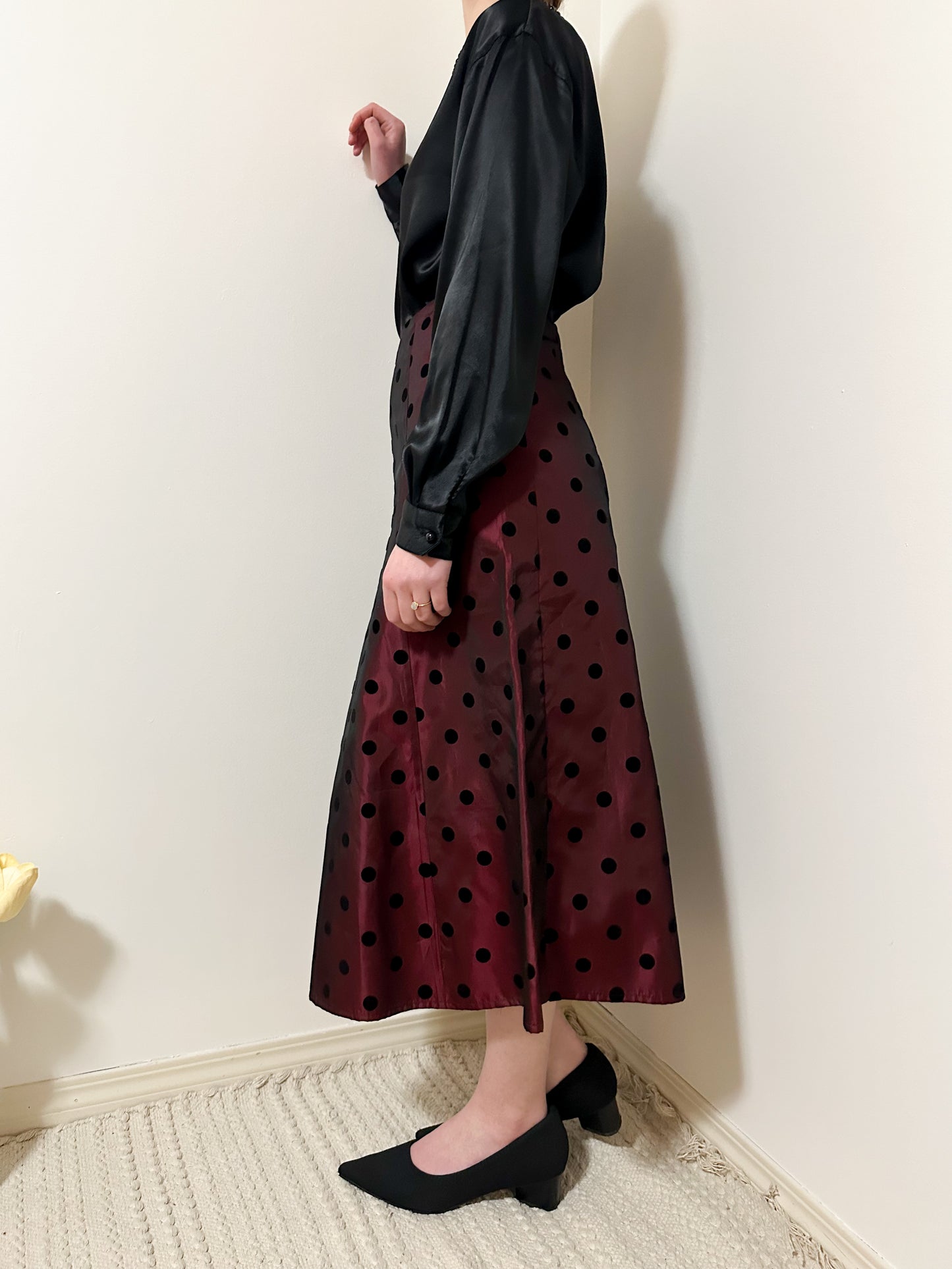 Vintage x Red + Black Polka Dot Midi Skirt (M)