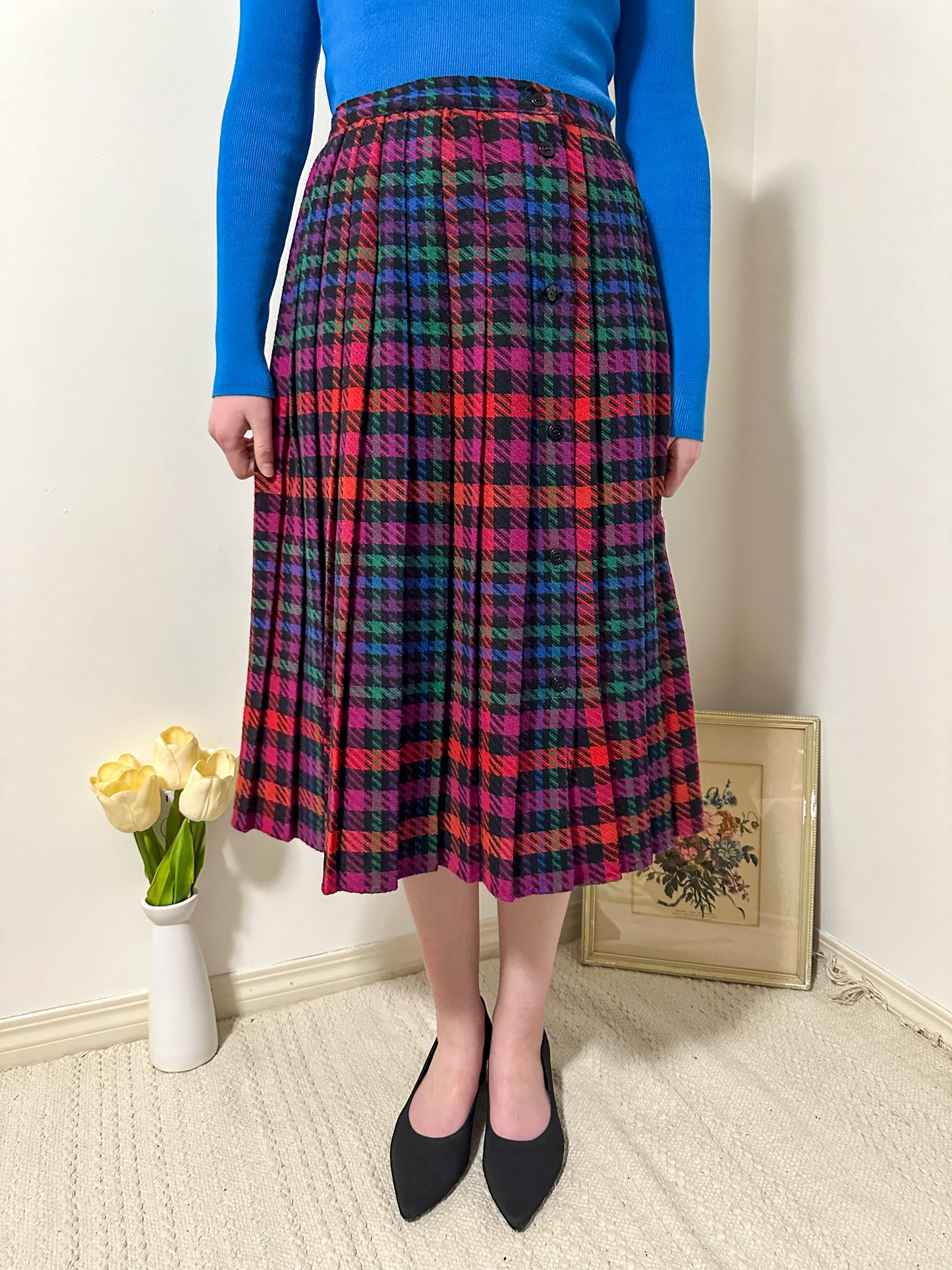 Vintage x Colourful Houndstooth Pleated Skirt (M)