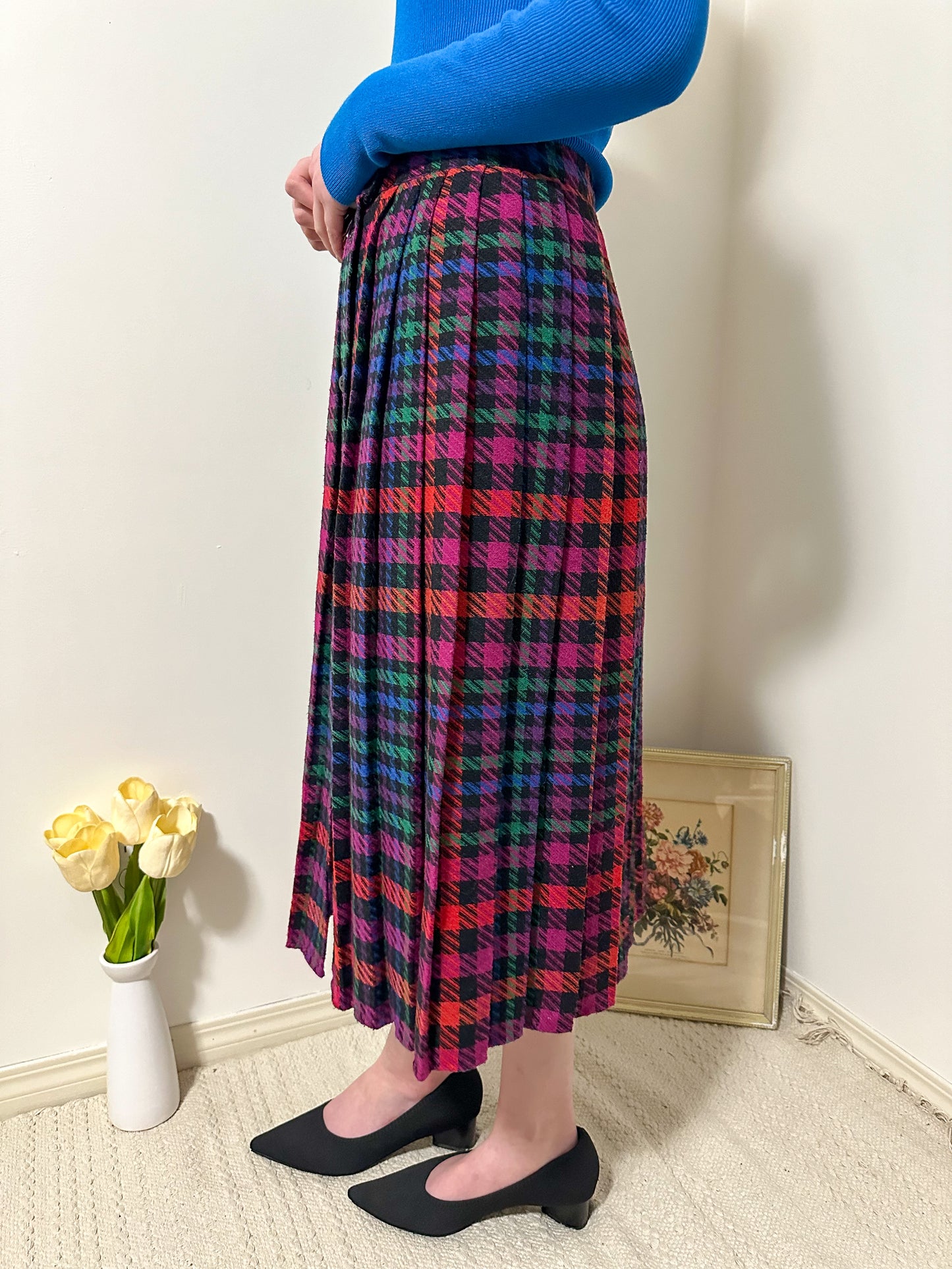 Vintage x Colourful Houndstooth Pleated Skirt (M)