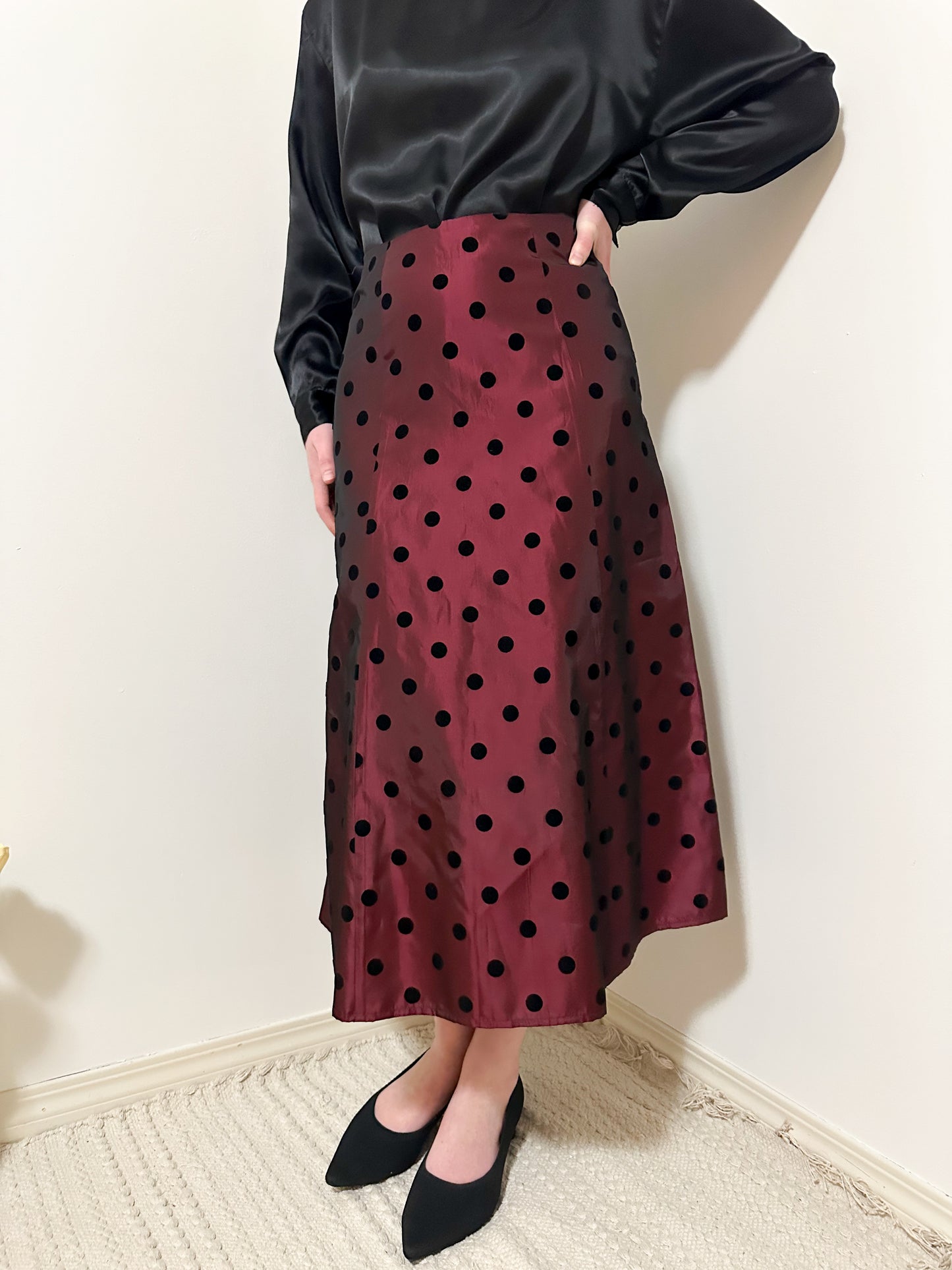 Vintage x Red + Black Polka Dot Midi Skirt (M)