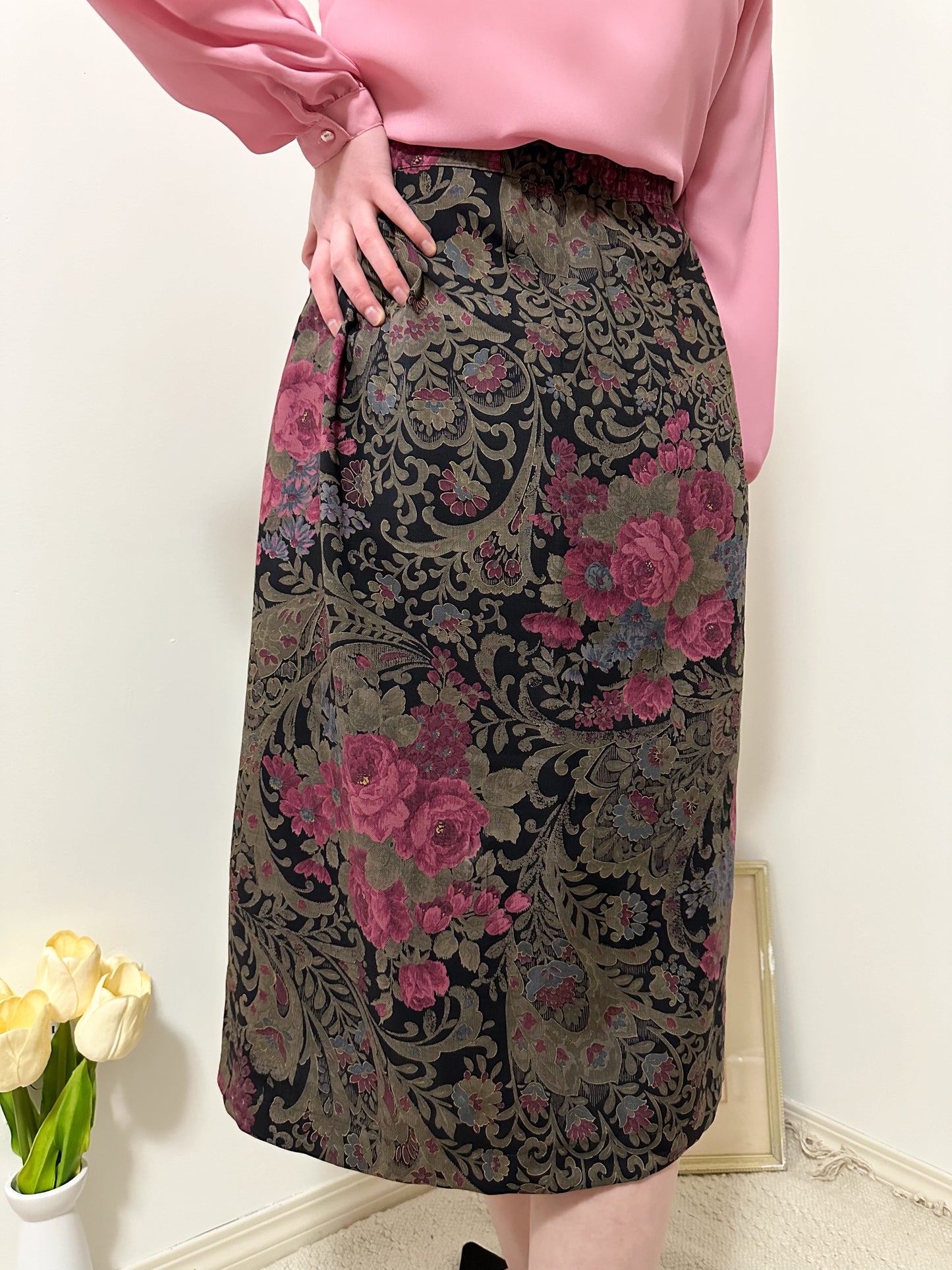 Vintage x Floral Wool Flowy Skirt (XL)