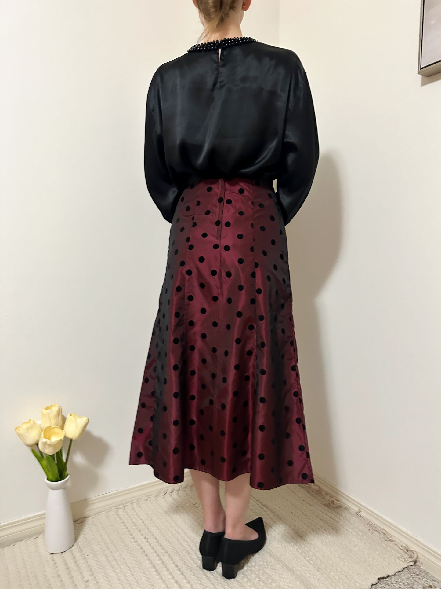 Vintage x Red + Black Polka Dot Midi Skirt (M)