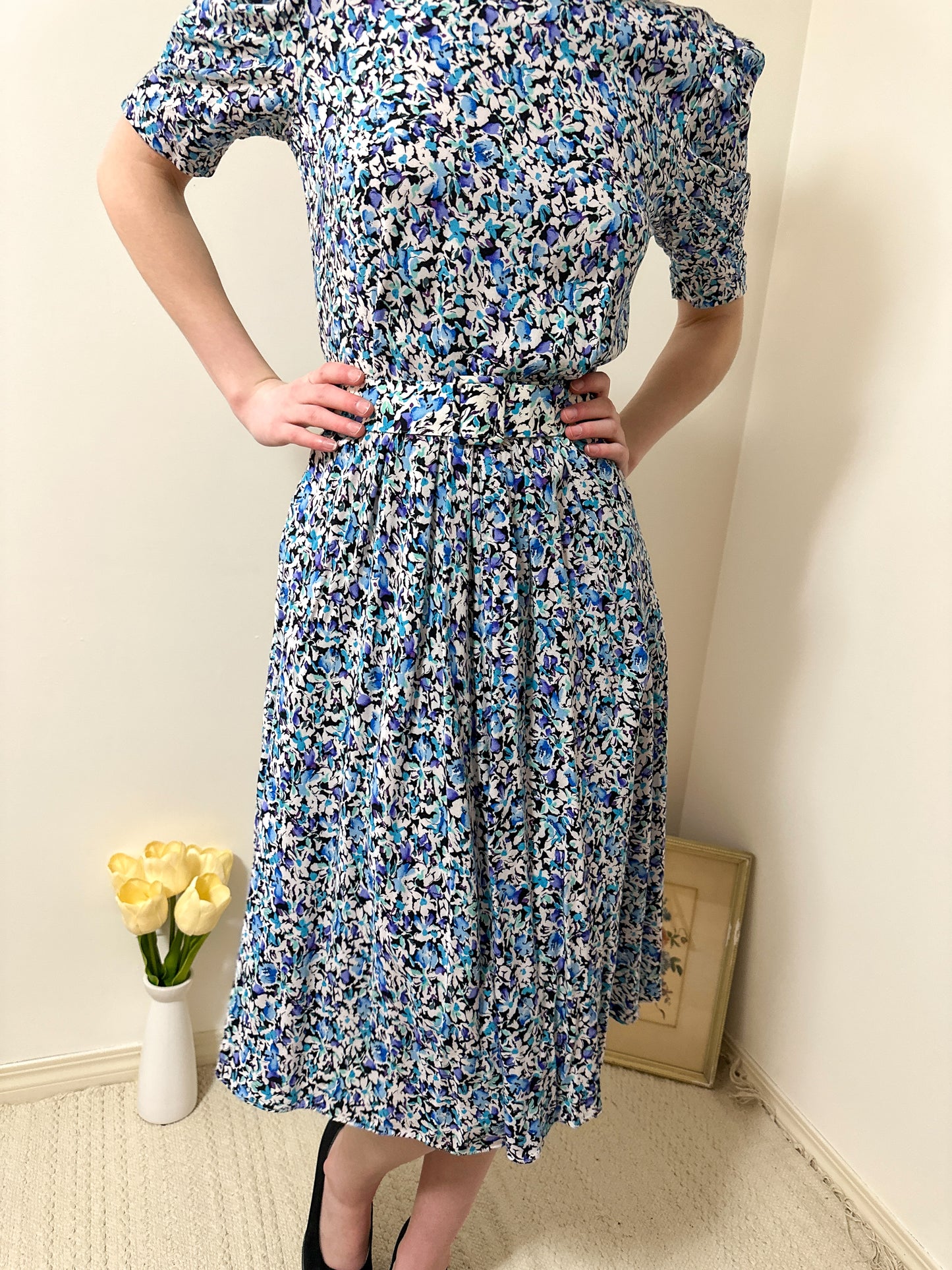 Vintage x Blue and Purple Floral Dress (XS)